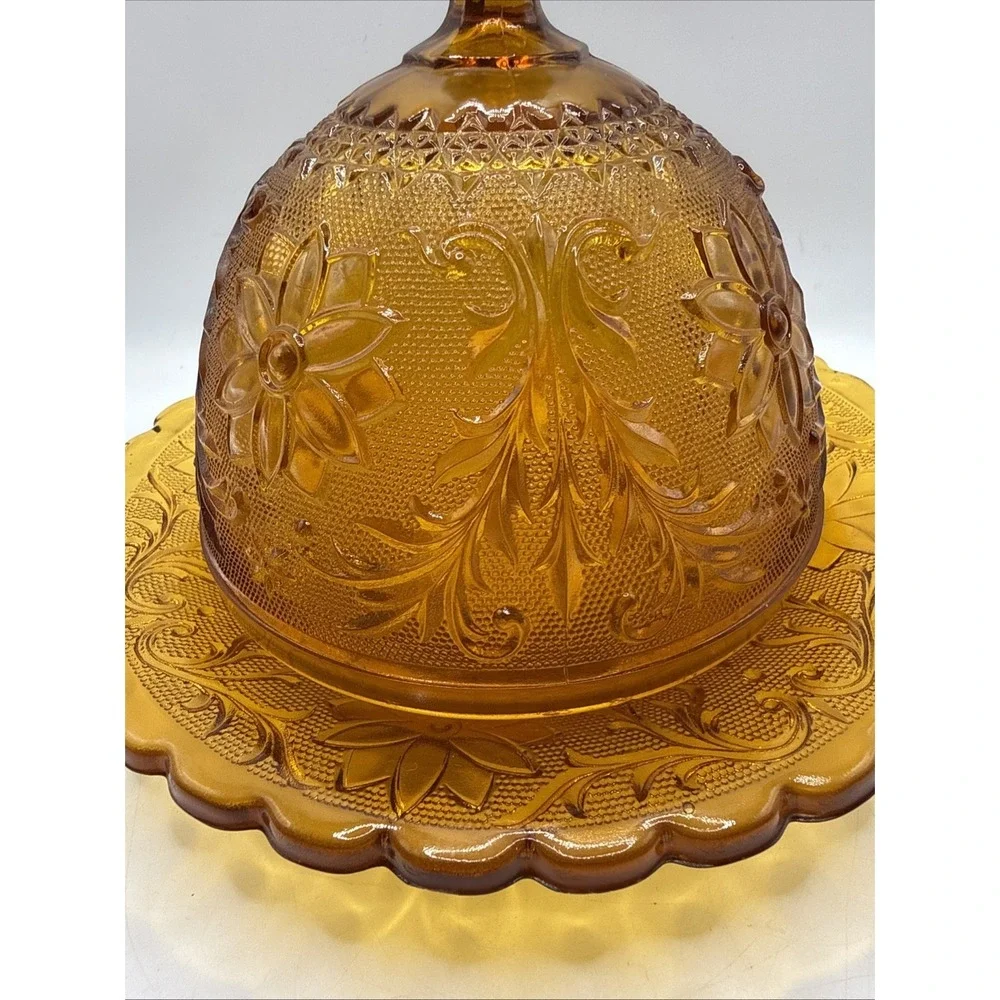 Tiara Amber Sandwich Indiana Covered Lidded‎ ROUND DOMED BUTTER CHEESE DISH